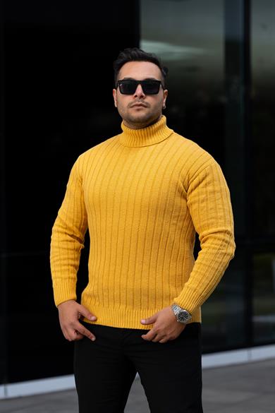 Erkek Sarı Tüylenme Yapmayan Slim Fit Boğazlı Triko Kazak