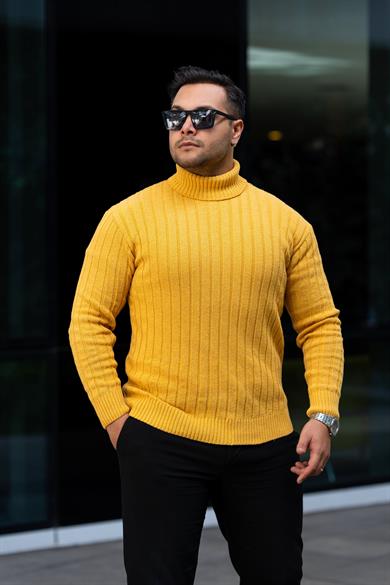 Erkek Sarı Tüylenme Yapmayan Slim Fit Boğazlı Triko Kazak