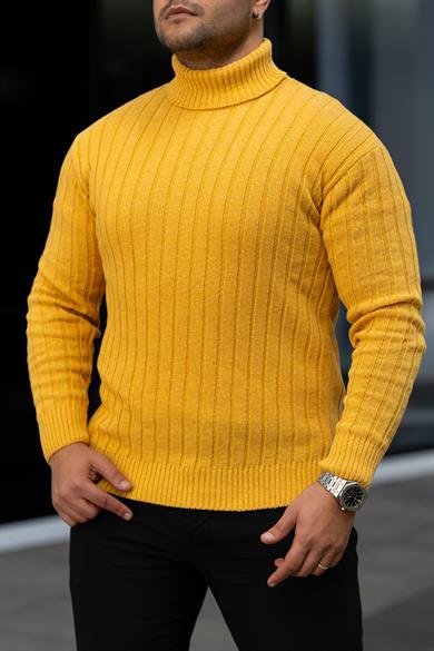 Erkek Sarı Tüylenme Yapmayan Slim Fit Boğazlı Triko Kazak