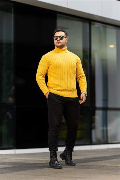 Erkek Sarı Tüylenme Yapmayan Slim Fit Boğazlı Triko Kazak