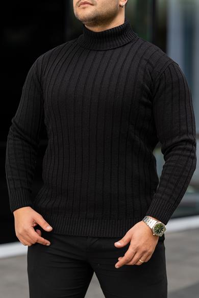 Erkek Siyah Tüylenme Yapmayan Slim Fit Boğazlı Triko Kazak