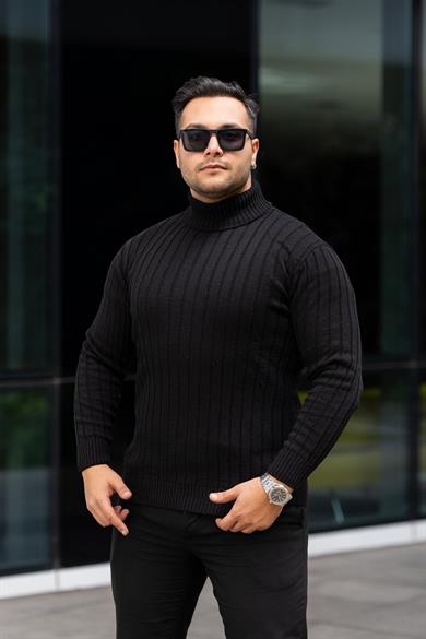 Erkek Siyah Tüylenme Yapmayan Slim Fit Boğazlı Triko Kazak