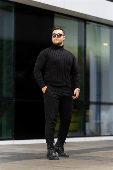 Erkek Siyah Tüylenme Yapmayan Slim Fit Boğazlı Triko Kazak