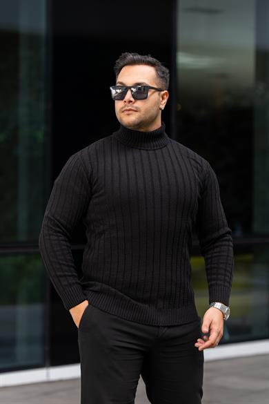 Erkek Siyah Tüylenme Yapmayan Slim Fit Boğazlı Triko Kazak