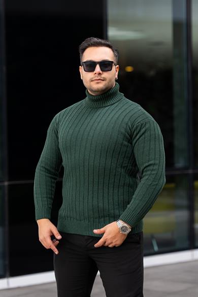 Erkek Zümrüt Yeşil Tüylenme Yapmayan Slim Fit Boğazlı Triko Kazak