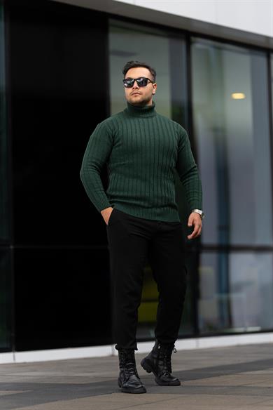 Erkek Zümrüt Yeşil Tüylenme Yapmayan Slim Fit Boğazlı Triko Kazak
