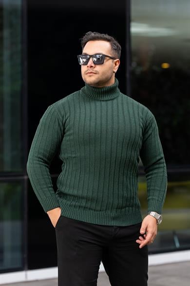 Erkek Zümrüt Yeşil Tüylenme Yapmayan Slim Fit Boğazlı Triko Kazak
