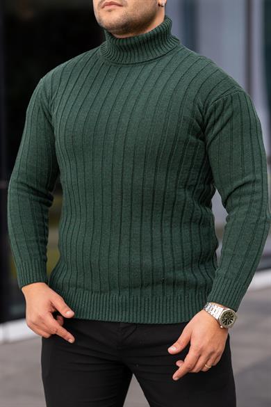 Erkek Zümrüt Yeşil Tüylenme Yapmayan Slim Fit Boğazlı Triko Kazak