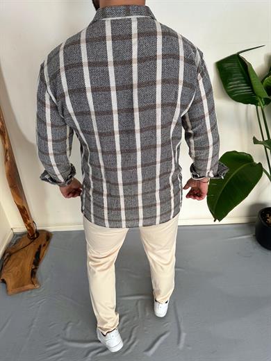 Füme %100 Ham Keten Pamuk Ekose Oversize Gömlek