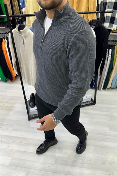 Füme Fermuarlı Triko Kazak