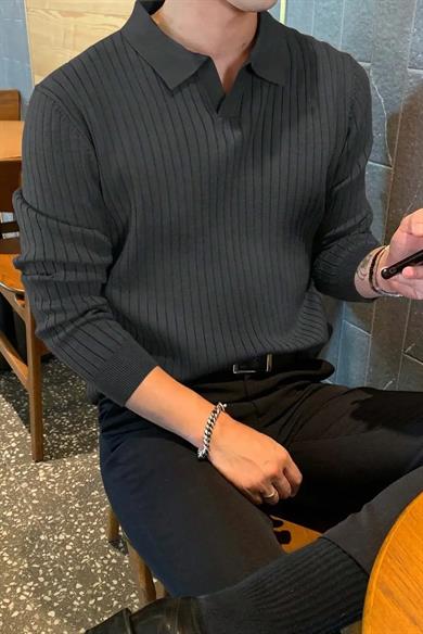 Füme Slim Fit Erkek Polo Yaka Fitilli Triko Kazak