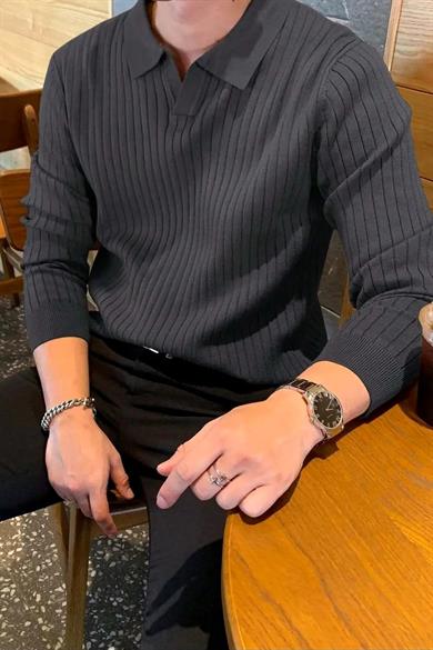 Füme Slim Fit Erkek Polo Yaka Fitilli Triko Kazak
