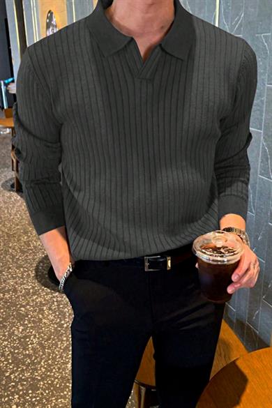 Füme Slim Fit Erkek Polo Yaka Fitilli Triko Kazak