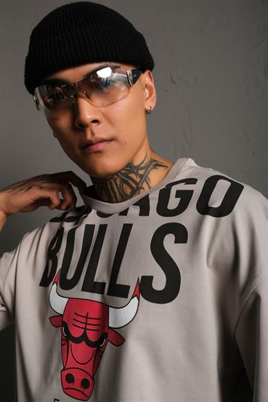 Gri Chicago Bulls Baskılı Oversize Basic Tshirt
