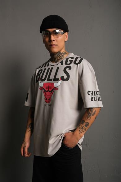 Gri Chicago Bulls Baskılı Oversize Basic Tshirt