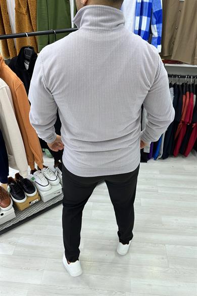 Gri Fitilli Kumaş Yarım Fermuar Kanguru Cep Sweat