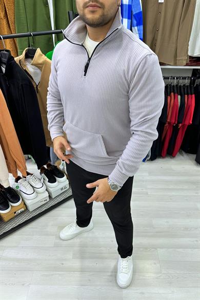 Gri Fitilli Kumaş Yarım Fermuar Kanguru Cep Sweat