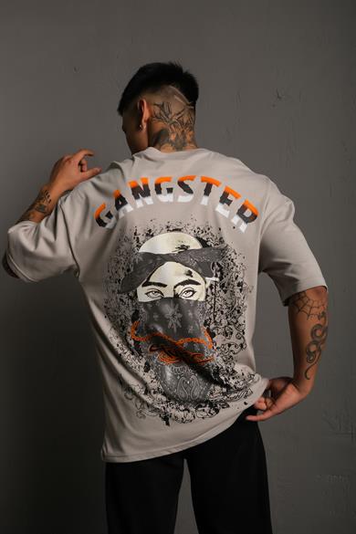 Gri Gangster Paradise Baskılı Oversize Basic Tshirt