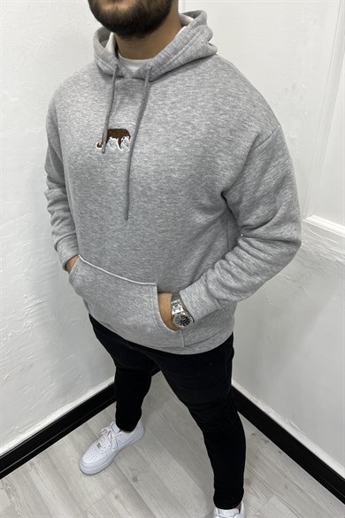 Gri Kaplan Nakışlı Şardonlu Kapüşonlu Sweatshirt