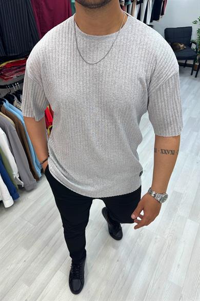 Gri Oversize Fitilli Triko Tshirt