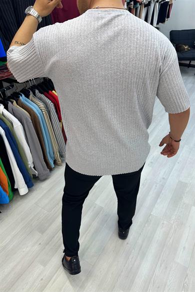 Gri Oversize Fitilli Triko Tshirt