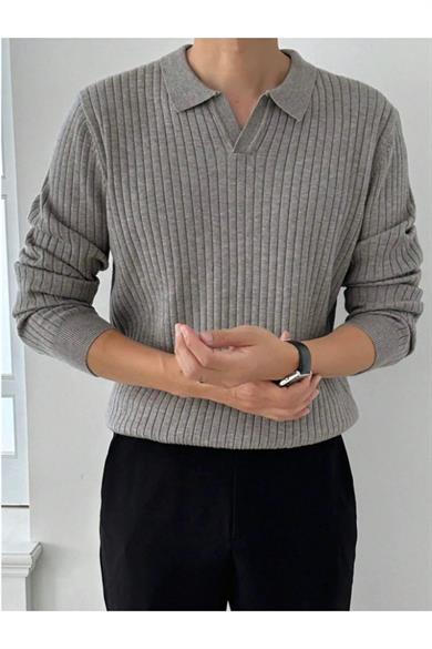 Gri Slim Fit Erkek Polo Yaka Fitilli Triko