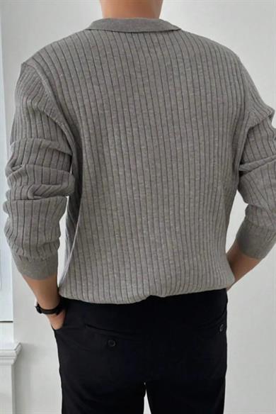 Gri Slim Fit Erkek Polo Yaka Fitilli Triko