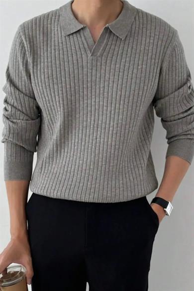 Gri Slim Fit Erkek Polo Yaka Fitilli Triko