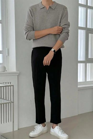 Gri Slim Fit Erkek Polo Yaka Fitilli Triko