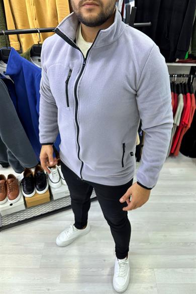 Gri Tam Fermuarlı Polar Ceket