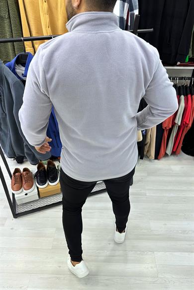 Gri Tam Fermuarlı Polar Ceket