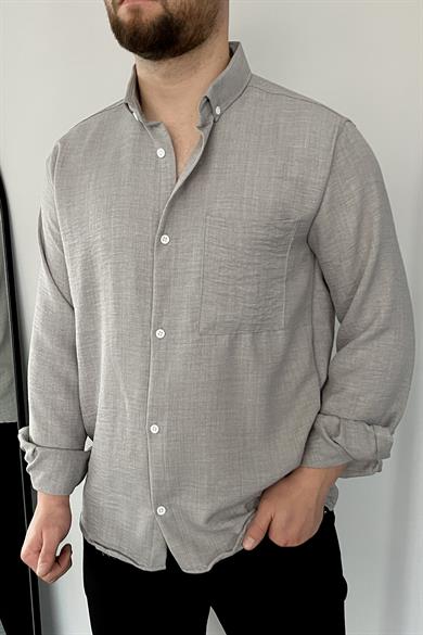 Gri Tek Cep Keten Gömlek