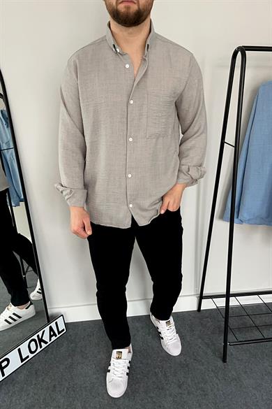 Gri Tek Cep Keten Gömlek