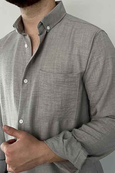 Gri Tek Cep Keten Gömlek