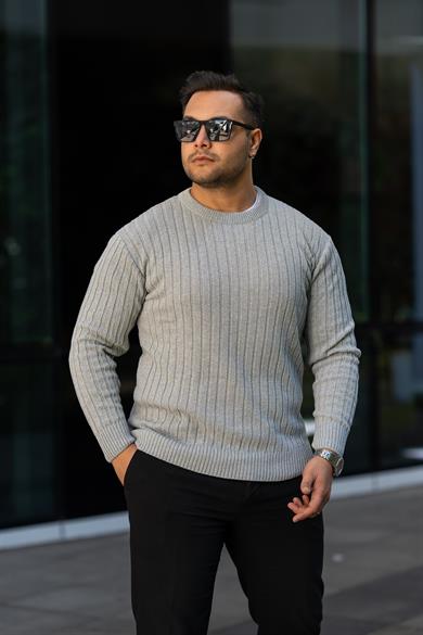 Gri Tüylenme Yapmayan Slim Fit Desenli Triko Kazak