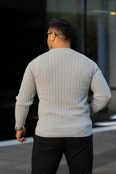 Gri Tüylenme Yapmayan Slim Fit Desenli Triko Kazak