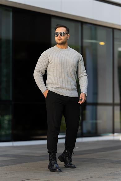Gri Tüylenme Yapmayan Slim Fit Desenli Triko Kazak