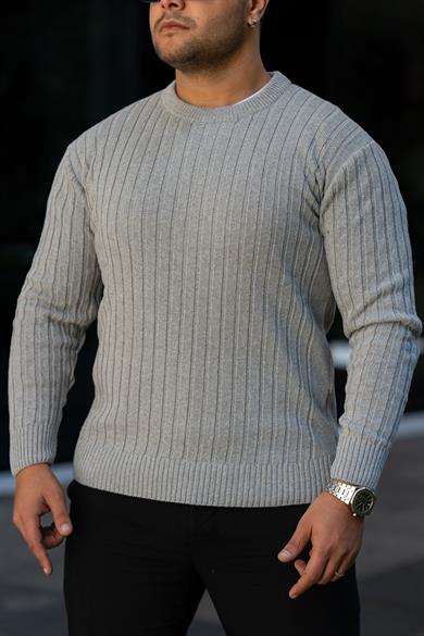 Gri Tüylenme Yapmayan Slim Fit Desenli Triko Kazak