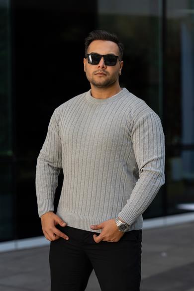 Gri Tüylenme Yapmayan Slim Fit Desenli Triko Kazak