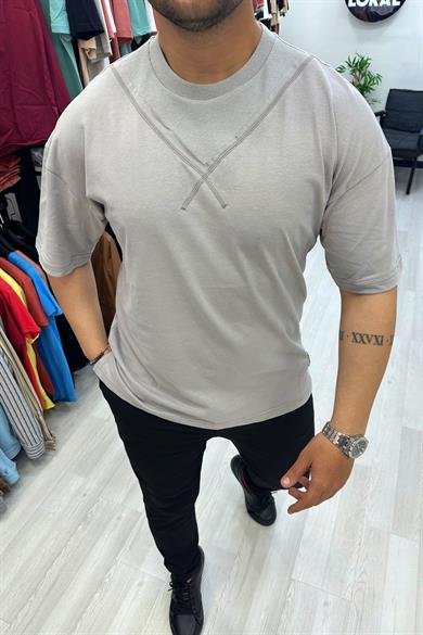 Gri V Desenli Oversize Tshirt