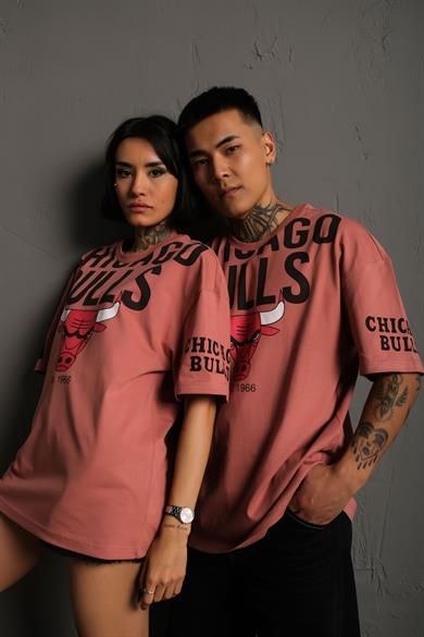 Gül Kurusu Chicago Bulls Baskılı Oversize Basic Tshirt