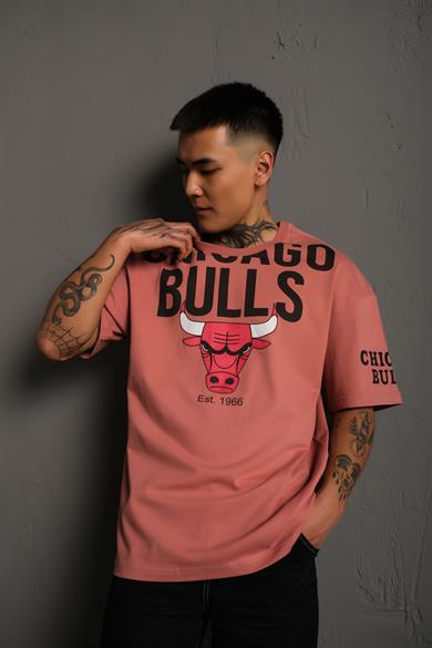 Gül Kurusu Chicago Bulls Baskılı Oversize Basic Tshirt