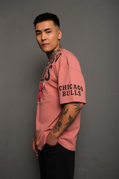 Gül Kurusu Chicago Bulls Baskılı Oversize Basic Tshirt