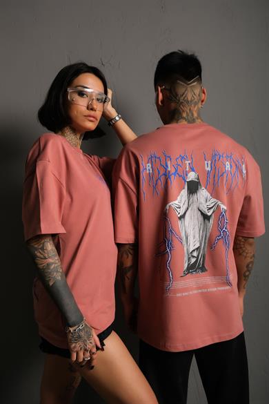 Gül Kurusu Ritual Mavi Yıldırım Baskılı Oversize Basic Tshirt
