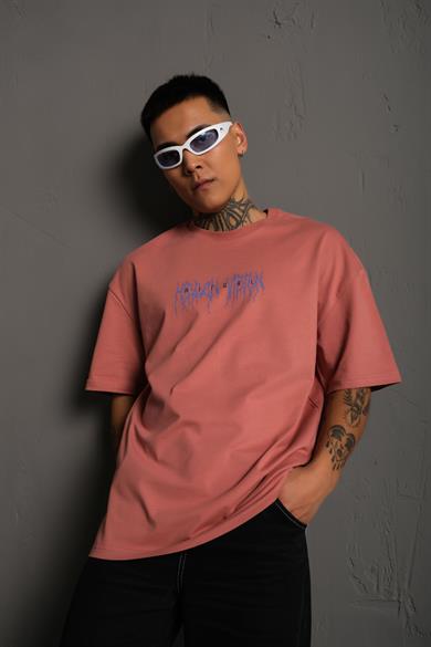 Gül Kurusu Ritual Mavi Yıldırım Baskılı Oversize Basic Tshirt