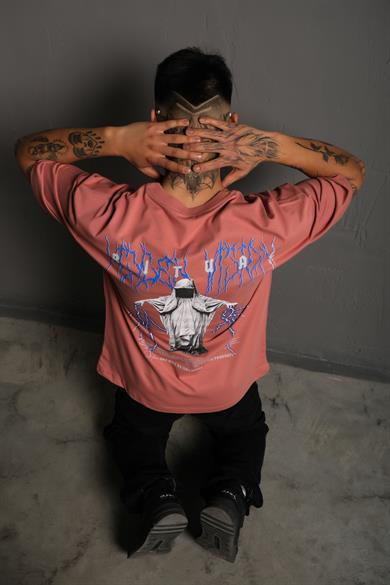 Gül Kurusu Ritual Mavi Yıldırım Baskılı Oversize Basic Tshirt