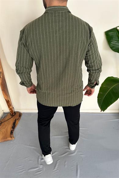 Haki %100 Ham Keten Pamuk Çizgili Oversize Gömlek