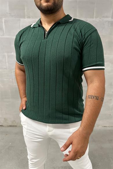 Haki Fermuarlı Polo Yaka Örme Triko Tshirt