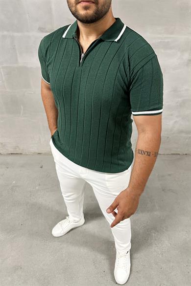 Haki Fermuarlı Polo Yaka Örme Triko Tshirt