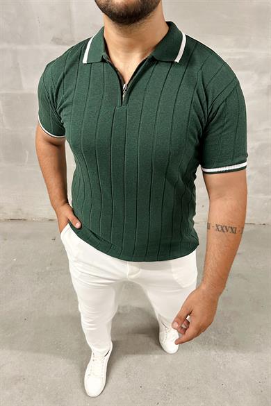 Haki Fermuarlı Polo Yaka Örme Triko Tshirt